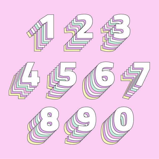 Conjunto de números pastel en capas tipografía estilizada