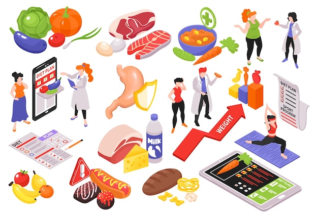 Conjunto de nutricionista dietista isométrica de iconos de alimentos aislados signos de pictograma y personas con aparatos e ilustración de vector de texto