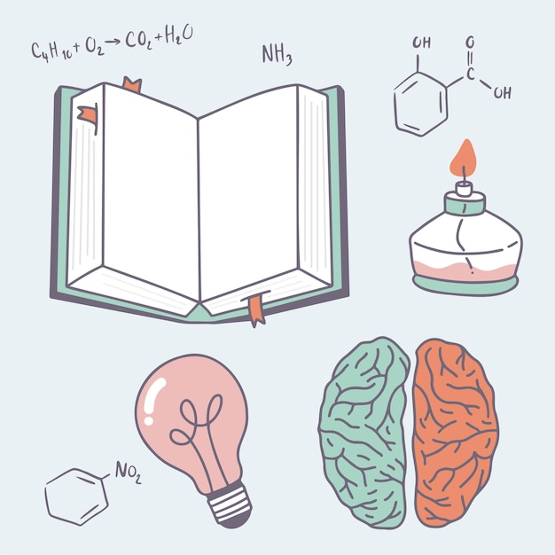 Conjunto, de, objeto, de, ciencia, y, química, biología, en, laboratorio, en, caricatura, estilo, libro de texto, cerebro, bombilla, y, otro, elemento, ciencia, en, laboratorio, concepto, vector, ilustración