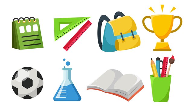 Conjunto de objetos de dibujos animados para estudiantes con bolsa, bolígrafo, lápiz, fútbol en el concepto de regreso a la escuela, ilustración vectorial