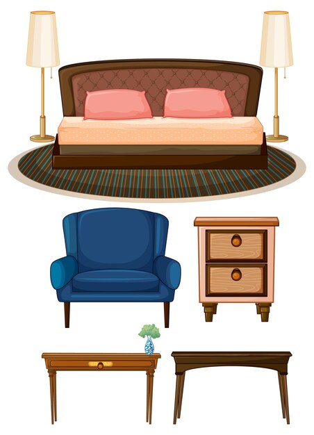 Conjunto de objetos de dormitorio sobre fondo blanco.