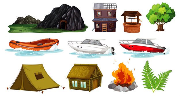 Vector gratuito conjunto de objetos y elementos de camping.