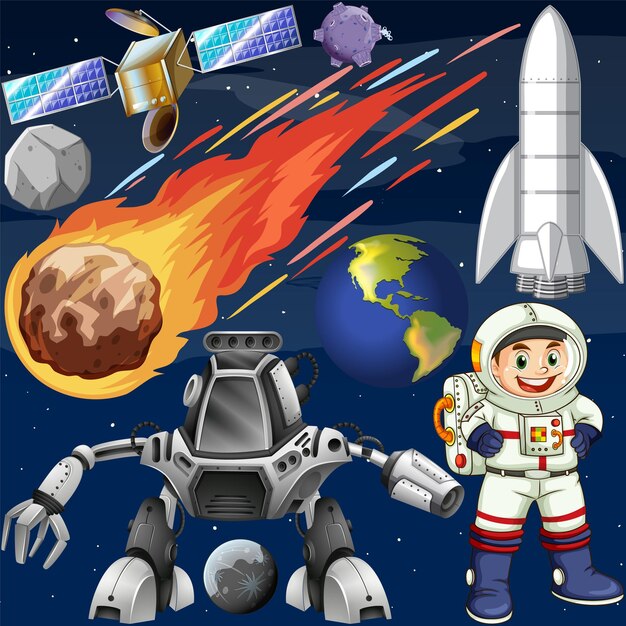 Conjunto de objetos espaciales en el espacio.