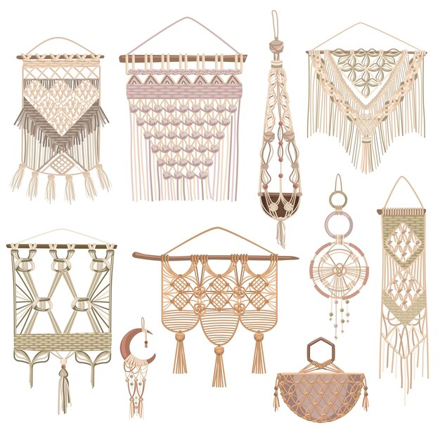 Conjunto de objetos de estilo Macrame de colgantes de pared hechos a mano y kashpo para maceta casera aislada en ilustración de vector plano de fondo blanco