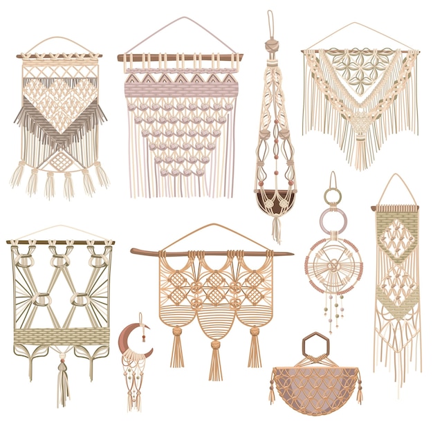 Conjunto de objetos de estilo Macrame de colgantes de pared hechos a mano y kashpo para maceta casera aislada en ilustración de vector plano de fondo blanco