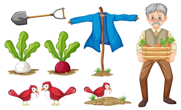 Conjunto de objetos de granja y personaje de dibujos animados de granjero