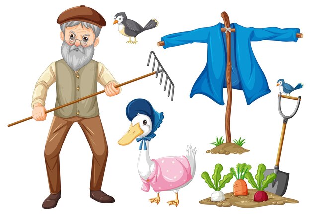 Conjunto de objetos de granja y personaje de dibujos animados de granjero