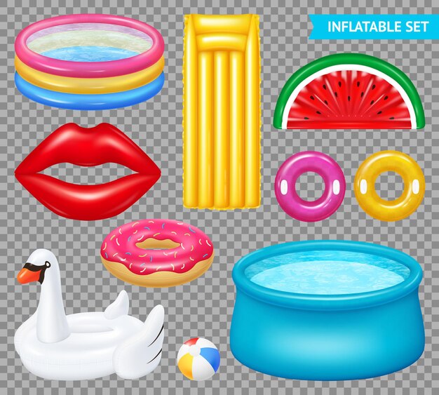 Conjunto de objetos inflables realistas piscinas y equipos de natación aislado en transparente