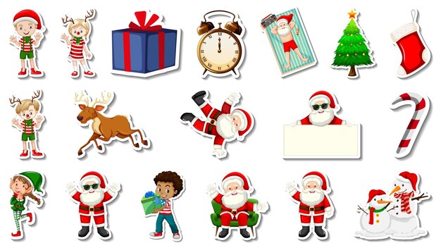 Conjunto de objetos navideños y personajes de dibujos animados.