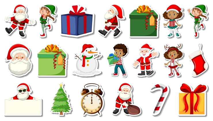 Vector gratuito conjunto de objetos navideños y personajes de dibujos animados.