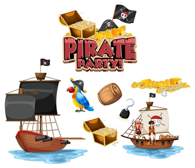 Conjunto de objetos y personajes de dibujos animados piratas