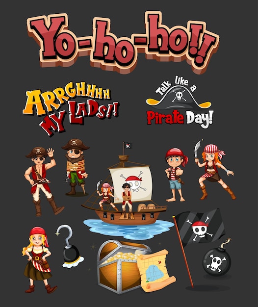 Vector gratuito conjunto de objetos y personajes de dibujos animados piratas