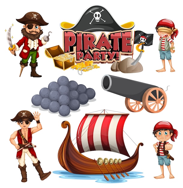 Vector gratuito conjunto de objetos y personajes de dibujos animados piratas