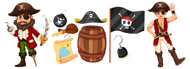 Conjunto de objetos y personajes de dibujos animados piratas