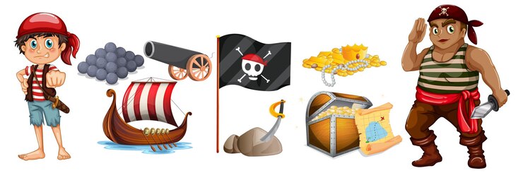 Vector gratuito conjunto de objetos y personajes de dibujos animados piratas