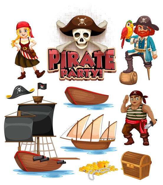 Conjunto de objetos y personajes de dibujos animados piratas