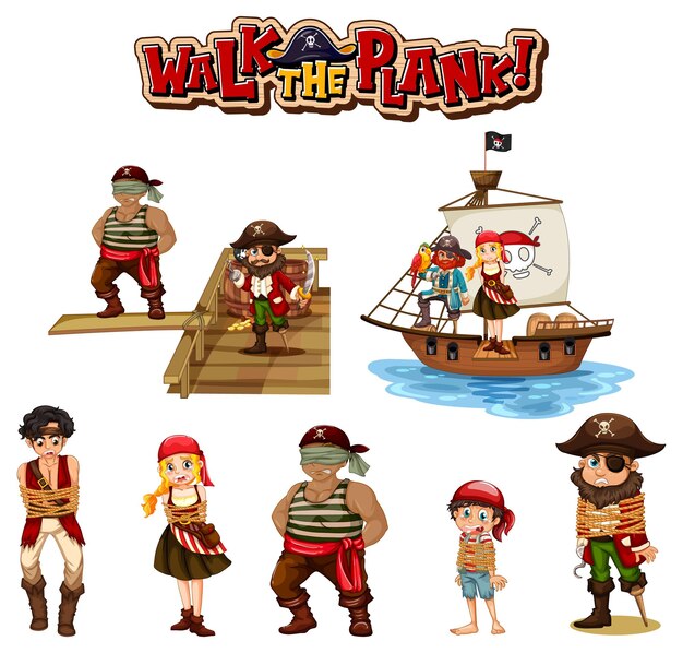 Conjunto de objetos y personajes de dibujos animados piratas