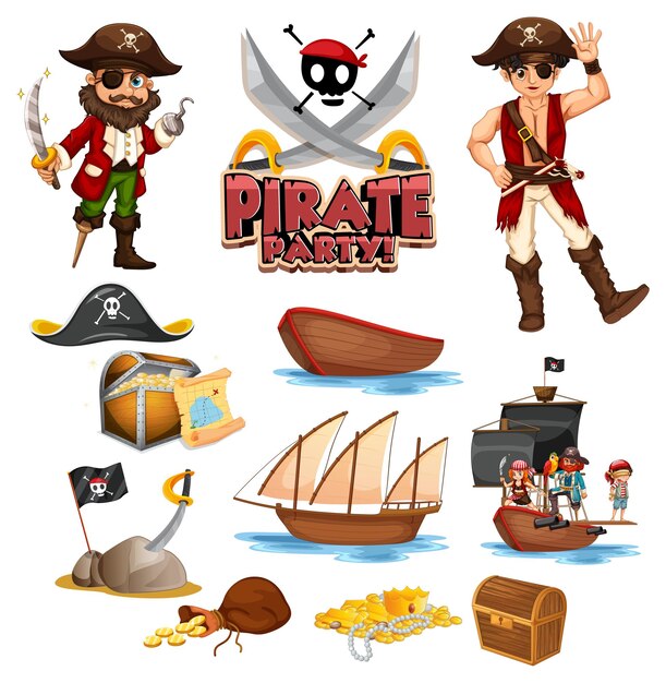 Conjunto de objetos y personajes de dibujos animados piratas