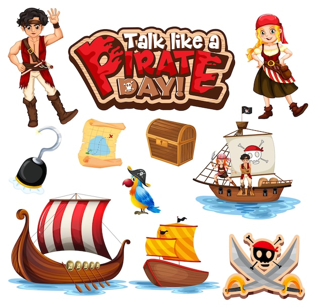 Conjunto de objetos y personajes de dibujos animados piratas