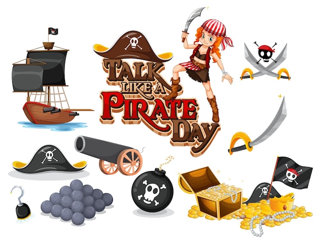 Vector gratuito conjunto de objetos y personajes de dibujos animados piratas