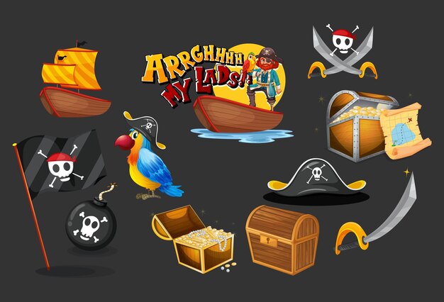 Conjunto de objetos y personajes de dibujos animados piratas