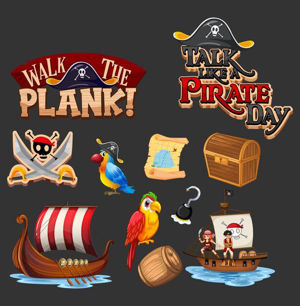 Conjunto de objetos y personajes de dibujos animados piratas