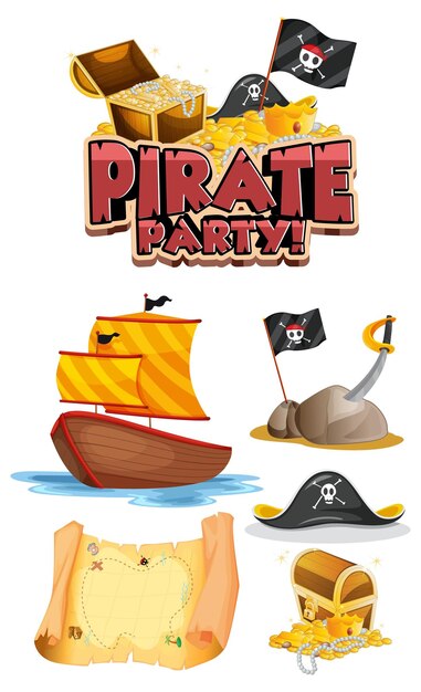 Conjunto de objetos y personajes de dibujos animados piratas