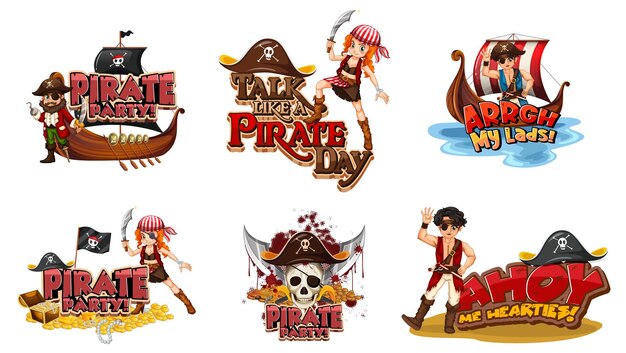 Conjunto de objetos y personajes de dibujos animados piratas