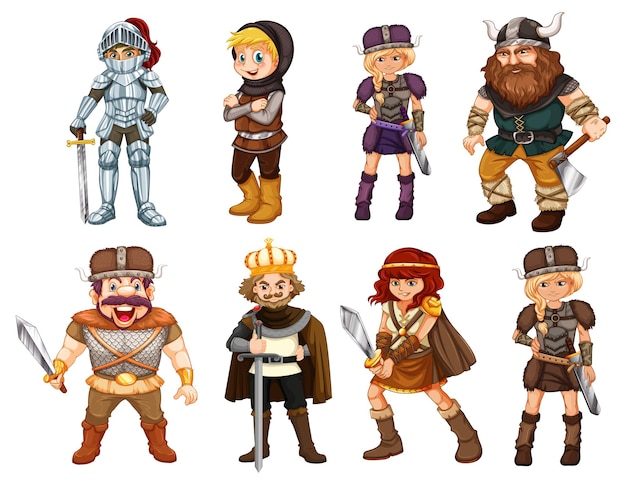 Conjunto de objetos y personajes de dibujos animados vikingos