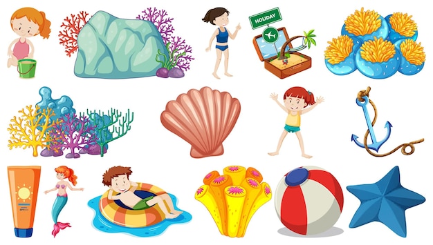 Conjunto de objetos de playa de verano y personajes de dibujos animados.