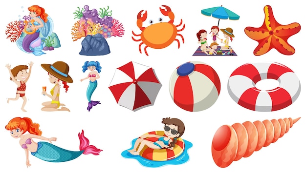 Conjunto de objetos de playa de verano y personajes de dibujos animados.