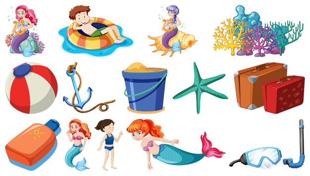 Conjunto de objetos de playa de verano y personajes de dibujos animados.