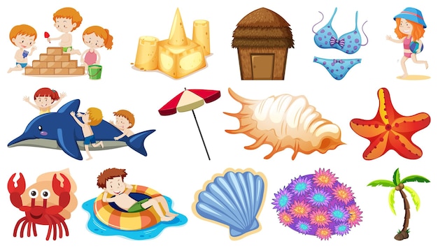 Conjunto de objetos de playa de verano y personajes de dibujos animados.