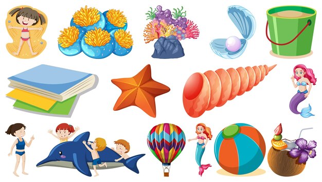 Conjunto de objetos de playa de verano y personajes de dibujos animados.
