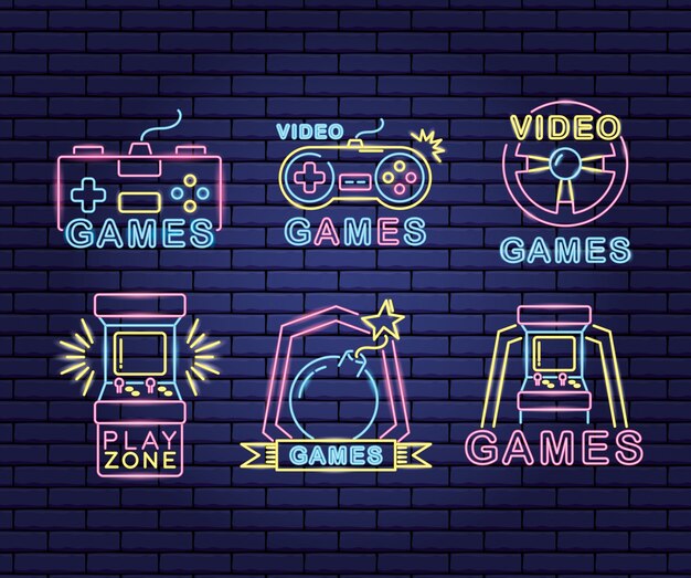 conjunto de objetos relacionados con videojuegos en neón y estilo lineal