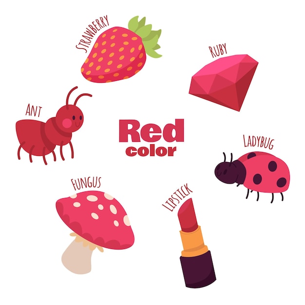 Vector gratuito conjunto de objetos rojos y palabras de vocabulario.
