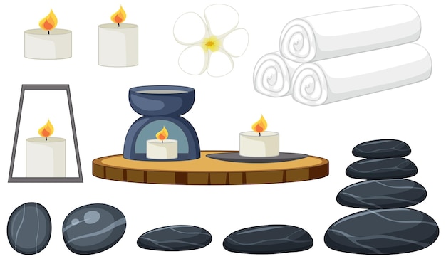 Vector gratuito conjunto de objetos de spa de masaje con piedras.