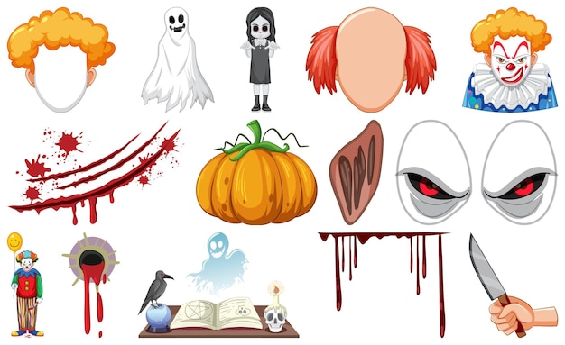 Conjunto de objetos de terror de halloween y personajes de dibujos animados