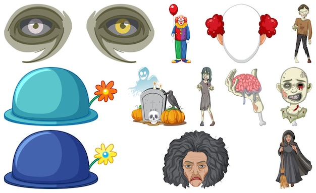 Conjunto de objetos de terror de halloween y personajes de dibujos animados