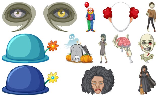 Conjunto de objetos de terror de halloween y personajes de dibujos animados