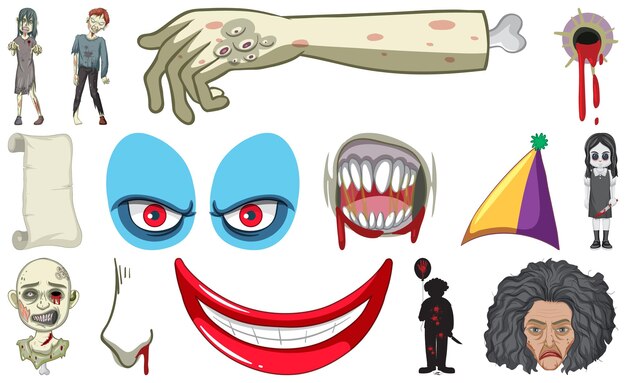 Conjunto de objetos de terror de halloween y personajes de dibujos animados