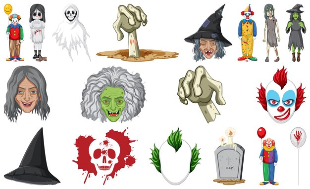 Conjunto de objetos de terror de halloween y personajes de dibujos animados