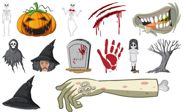 Conjunto de objetos de terror de halloween y personajes de dibujos animados