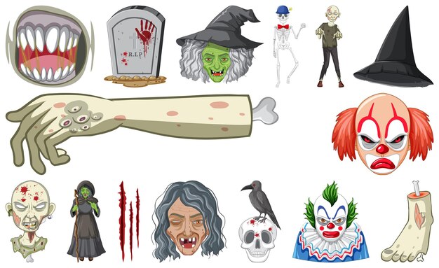 Conjunto de objetos de terror de halloween y personajes de dibujos animados