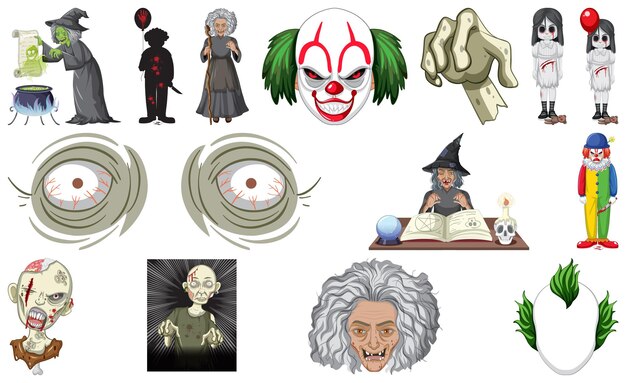 Conjunto de objetos de terror de halloween y personajes de dibujos animados
