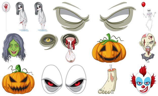 Conjunto de objetos de terror de halloween y personajes de dibujos animados