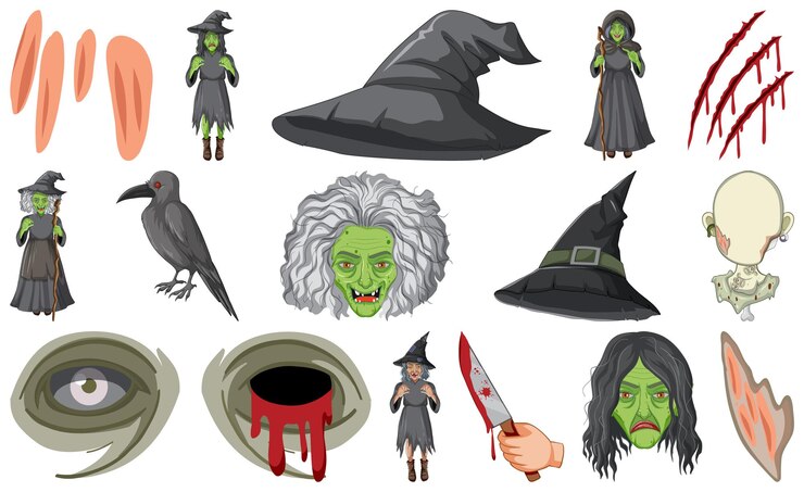 Vector gratuito conjunto de objetos de terror de halloween y personajes de dibujos animados