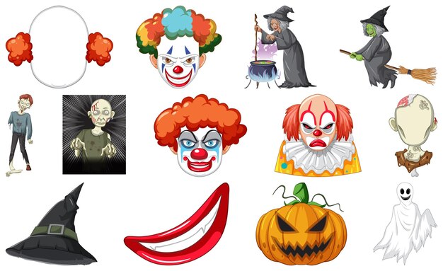 Conjunto de objetos de terror de halloween y personajes de dibujos animados