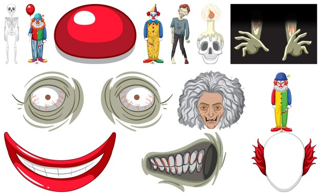 Conjunto de objetos de terror de halloween y personajes de dibujos animados