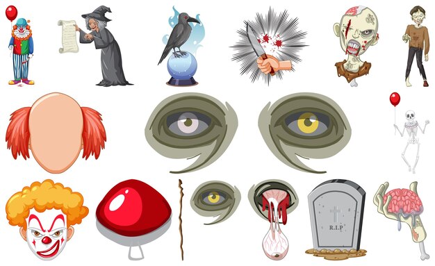 Conjunto de objetos de terror de halloween y personajes de dibujos animados